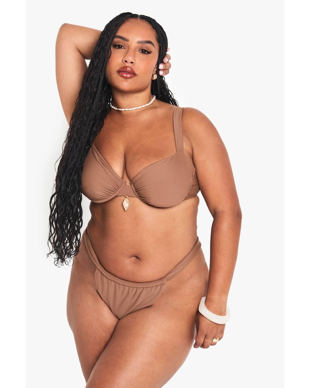 Boohoo Brown Plus Shell Trim Underwire Bikini Top