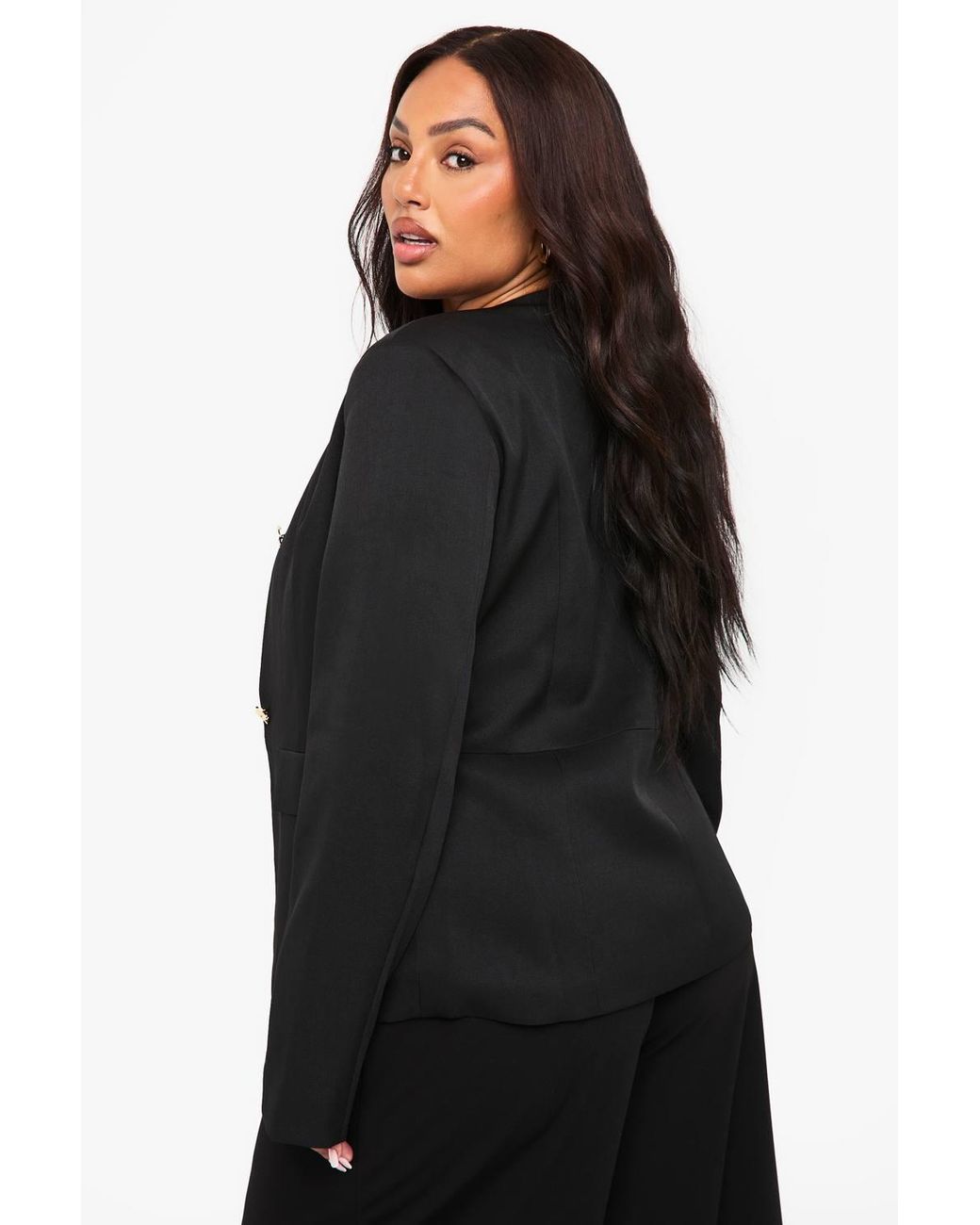 Boohoo Black Plus Crew Neck Button Peplum Blazer
