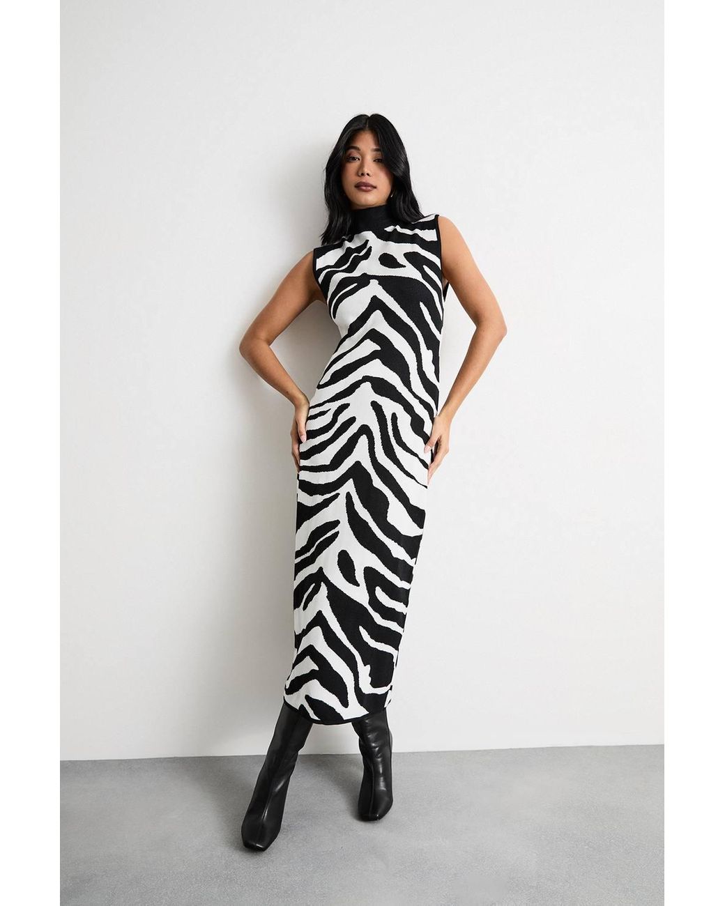Warehouse White Animal Zebra Jaquard Knitted Midi Dress
