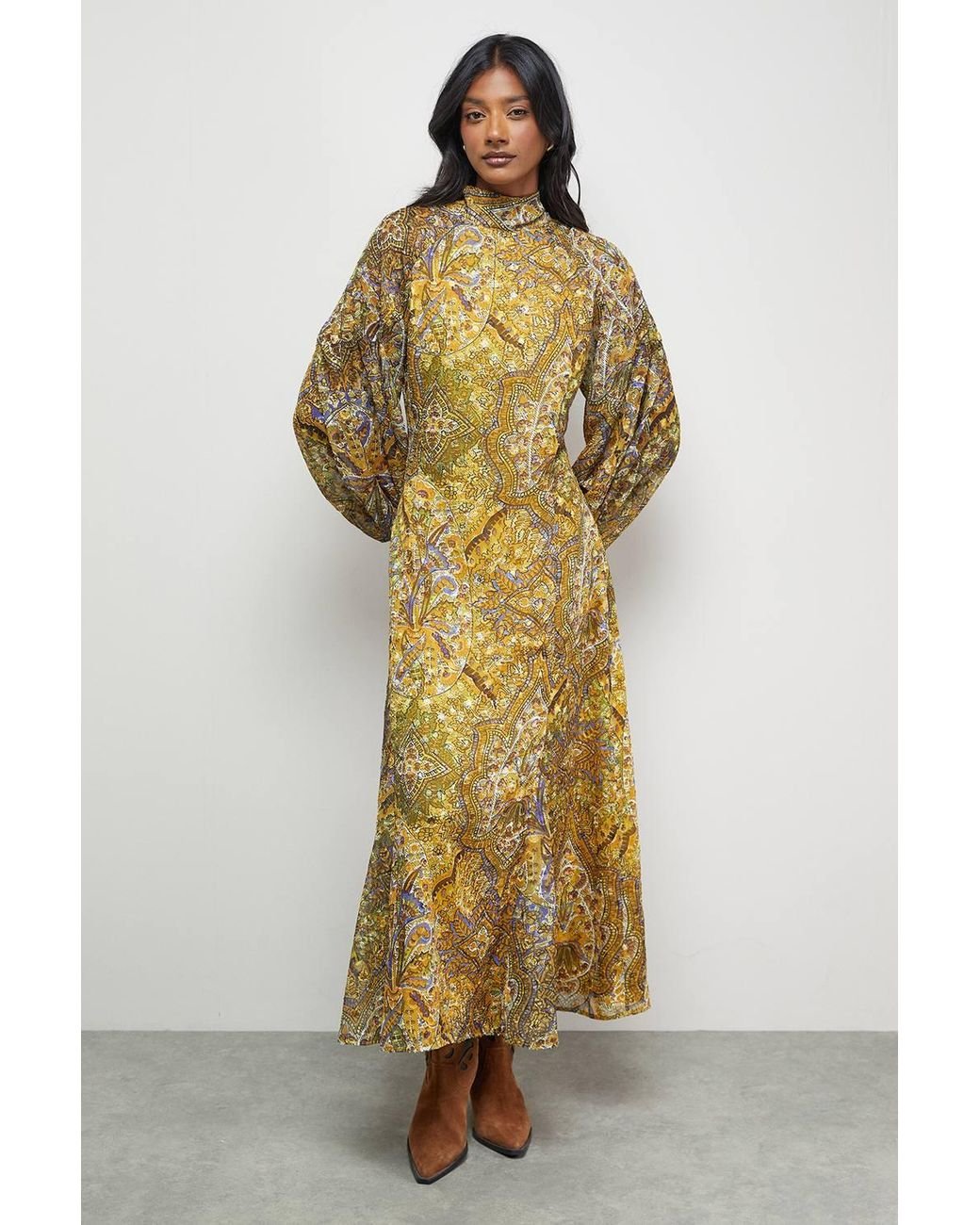 Warehouse Metallic Paisley Burnout Spot High Neck Godet Midi Dress