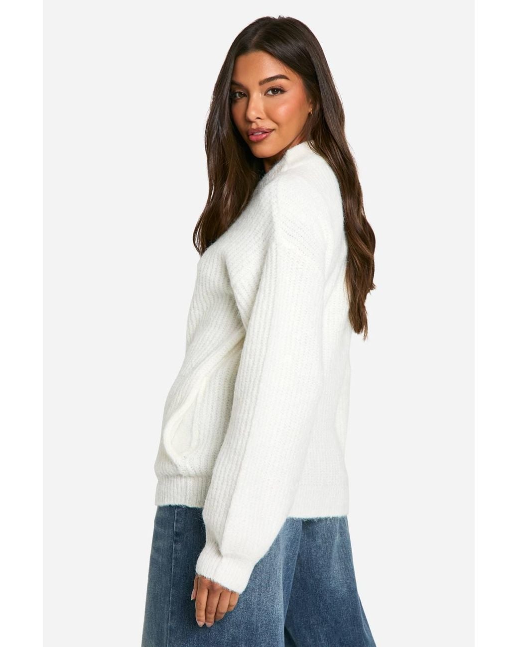 Boohoo White Oversized Zip Through Knitted Bomber Jacket