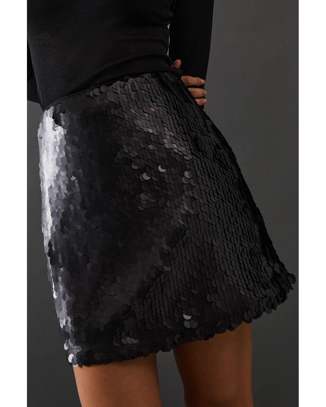 Warehouse Black Matte Sequin Mini Skirt