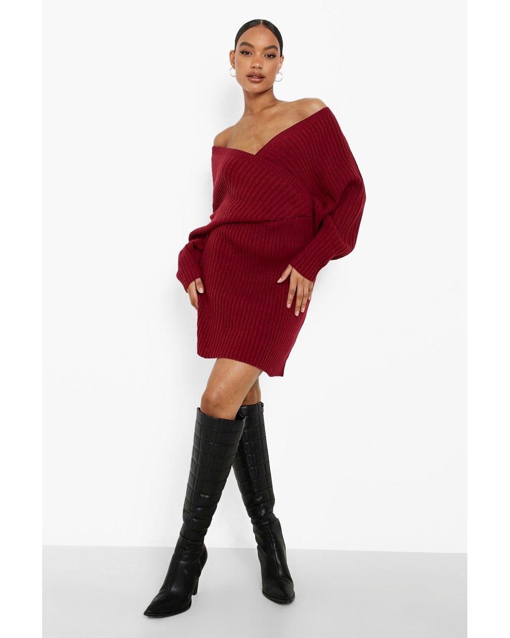 red off the shoulder jumper dress