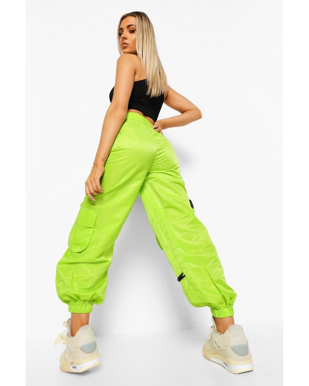 Boohoo Neon Shell Cargo Pants in Green | Lyst