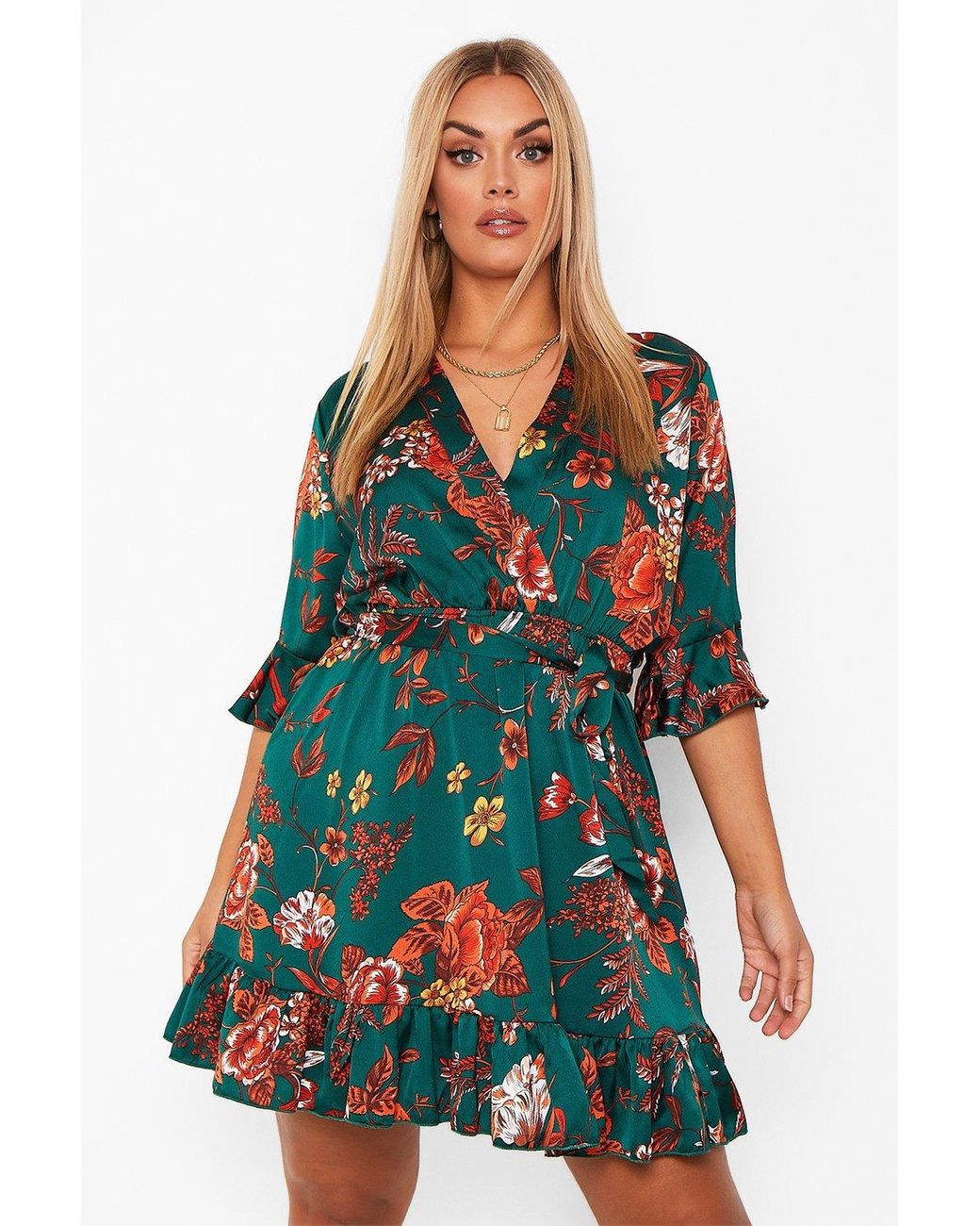 Boohoo Plus Floral Wrap Belted Dress in ...