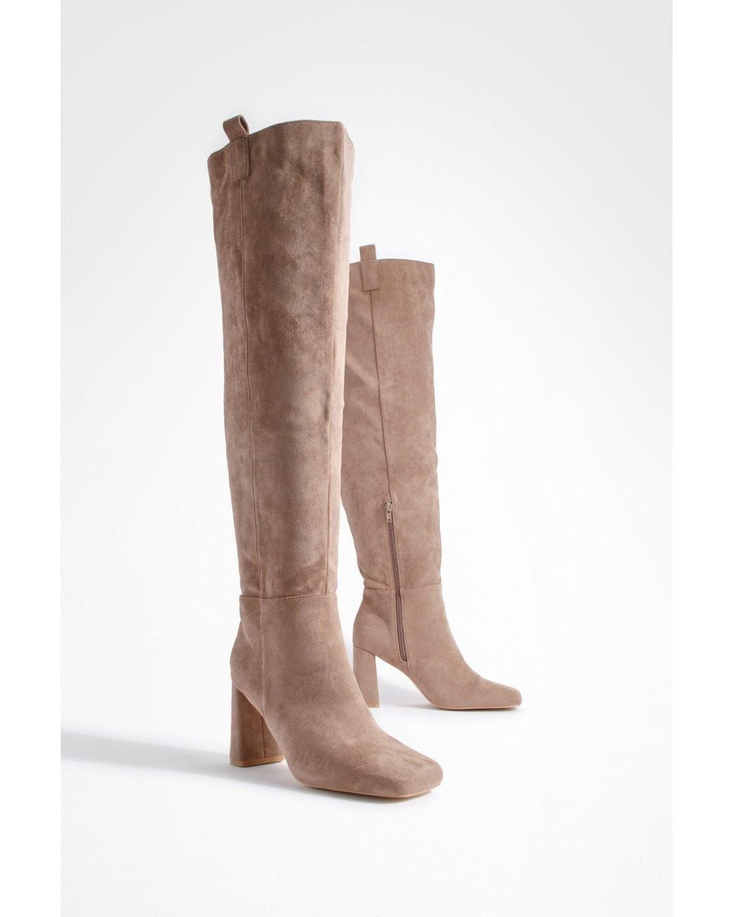 Boohoo Wide Fit Tab Detail Over The Knee Boots in Natural Lyst