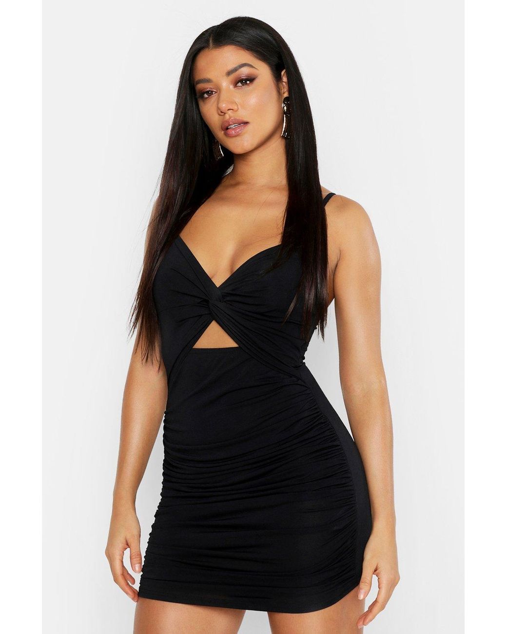 Solid Ruched Drawstring Knot Bodycon Dress