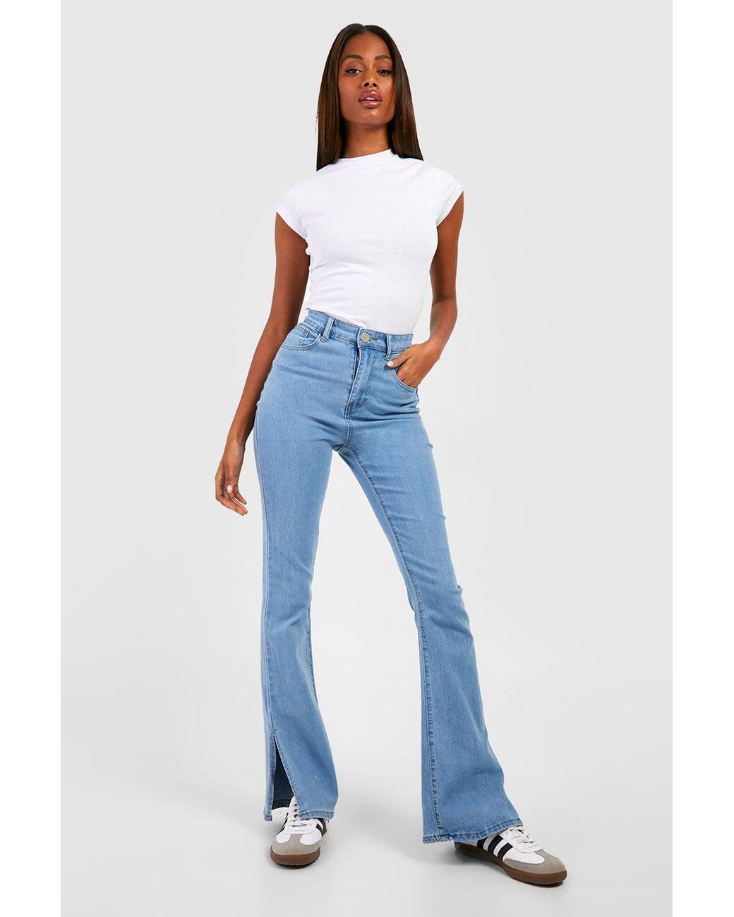 Boohoo High Waisted Split Hem Flared Jeans in Blue | Lyst