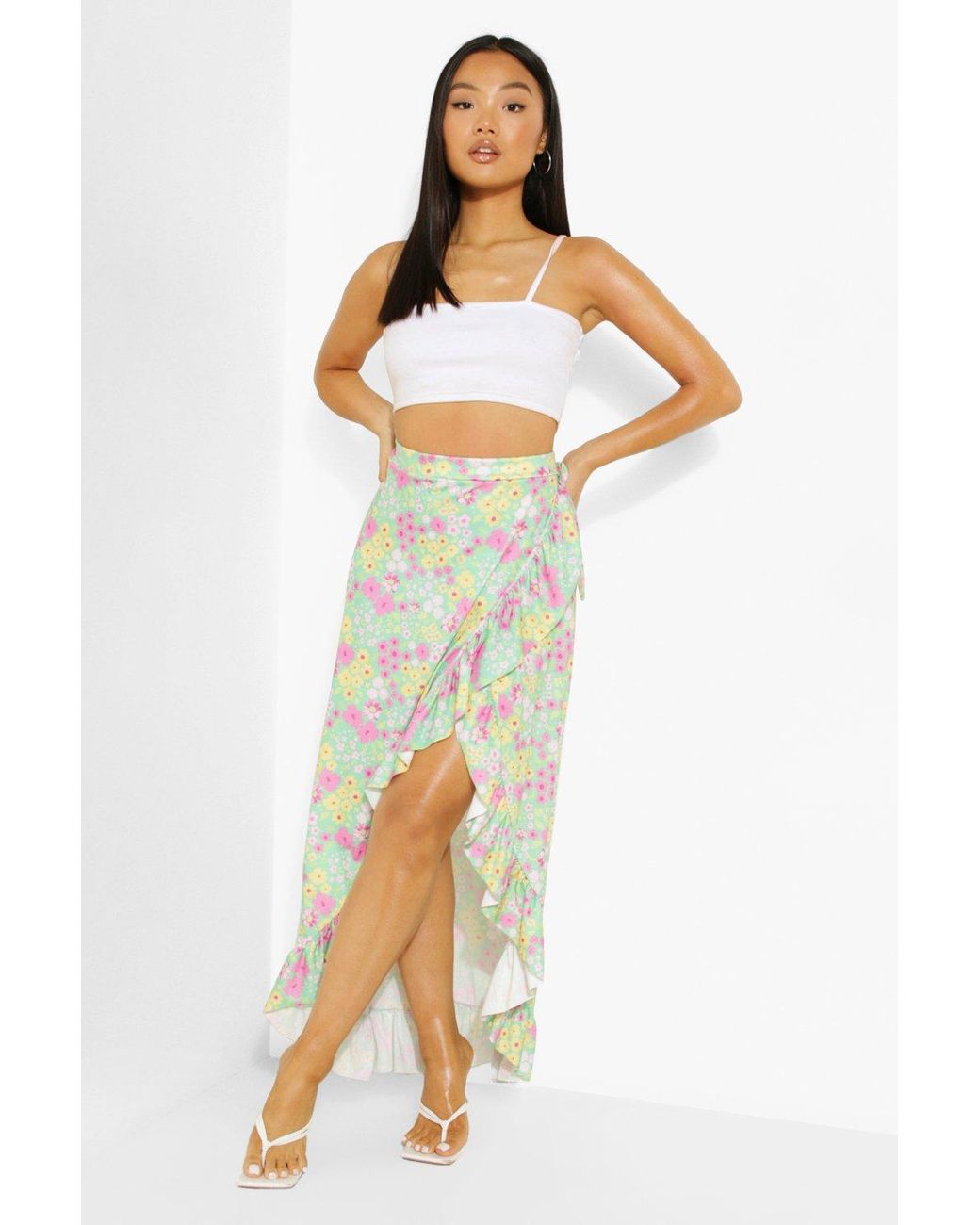 Boohoo Petite Ditsy Floral Wrap Ruffle Maxi Skirt in Green - Lyst