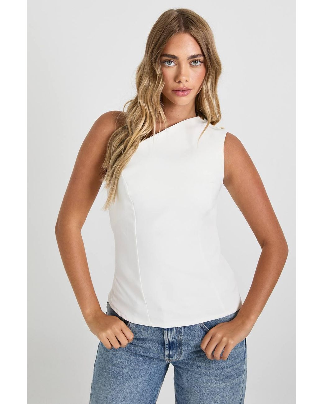 Boohoo White Button One Shoulder Top