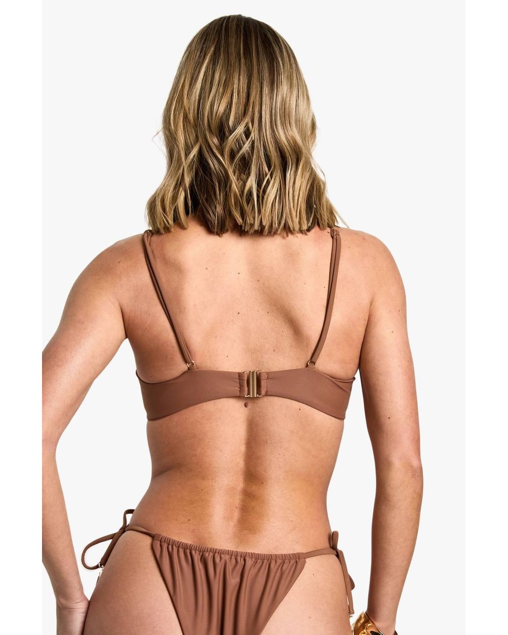 Boohoo Brown Feather Charm Trim Tie Front Underwired Bikini Top