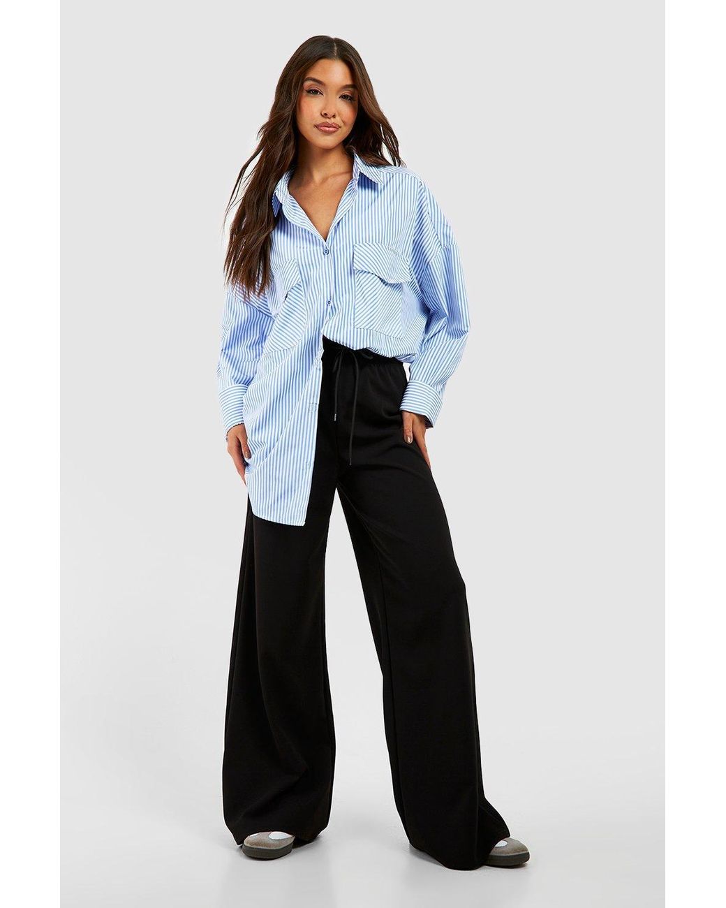 Boohoo Drawcord Crepe Wide Leg Trousers in Blue