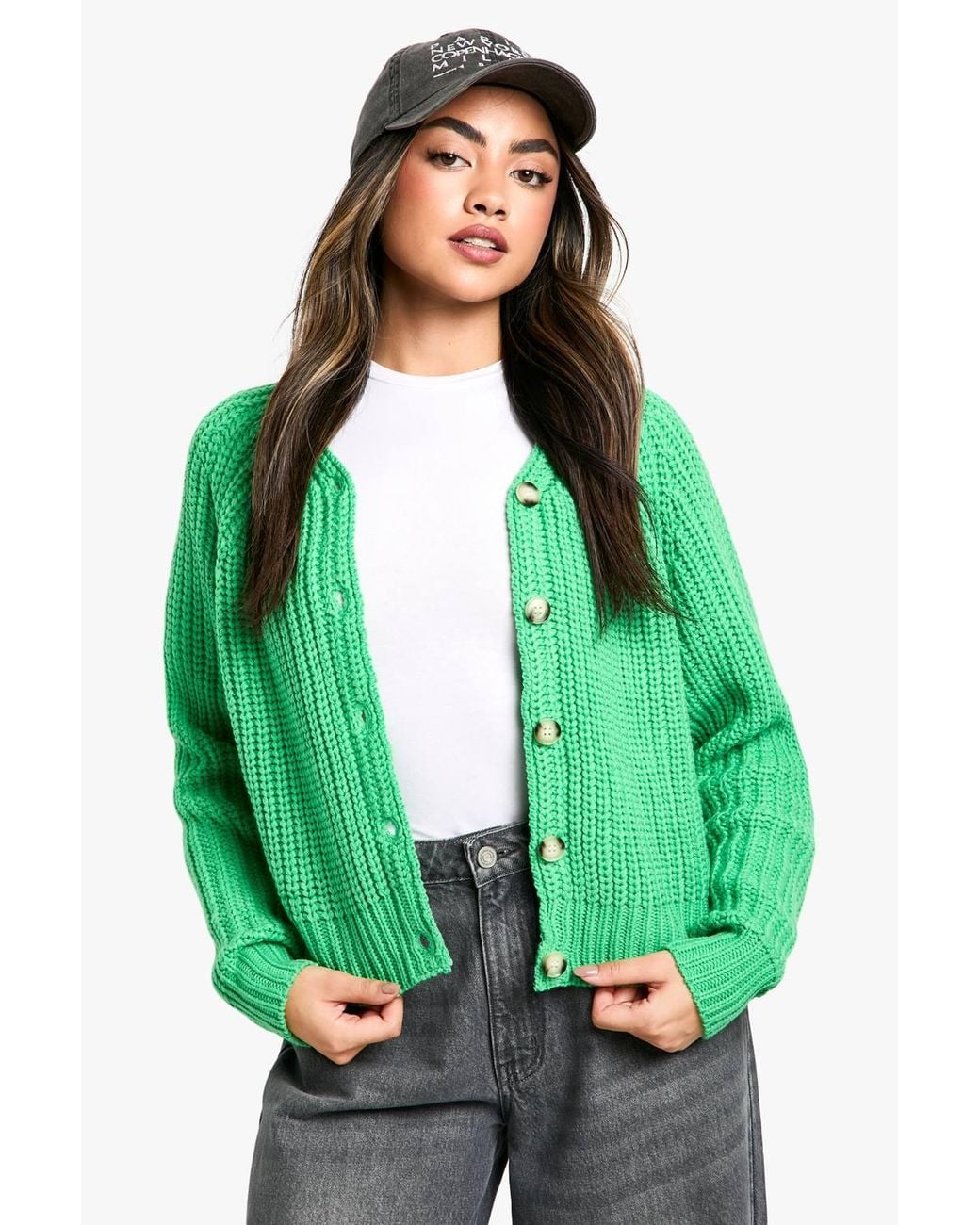 Boohoo Green Knitted Button Through Cardigan