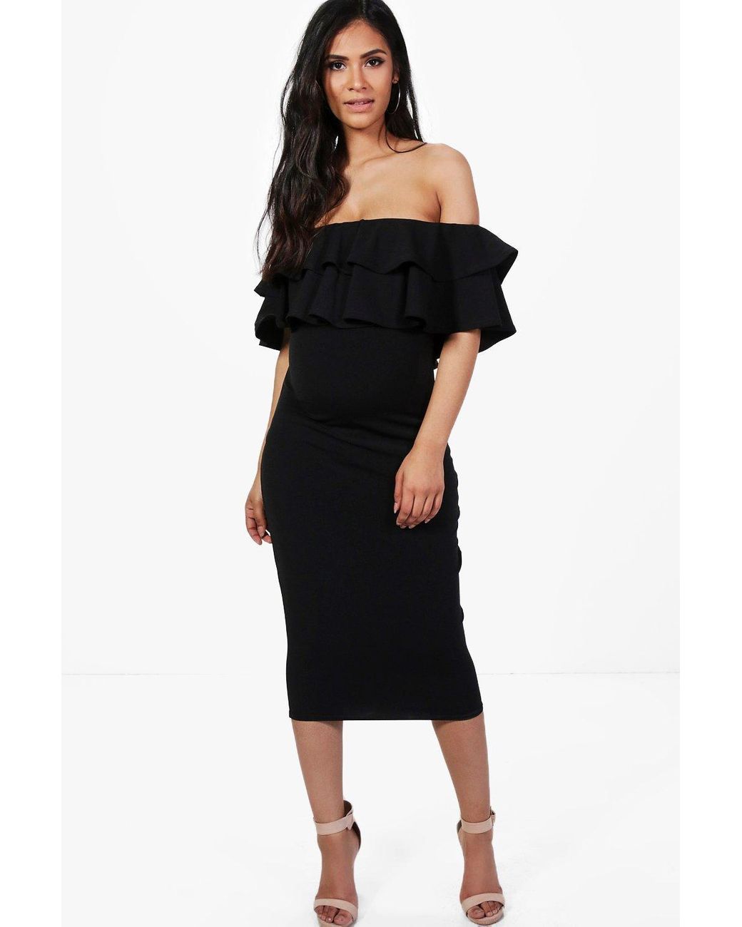 maternity ruffle off the shoulder midi dress