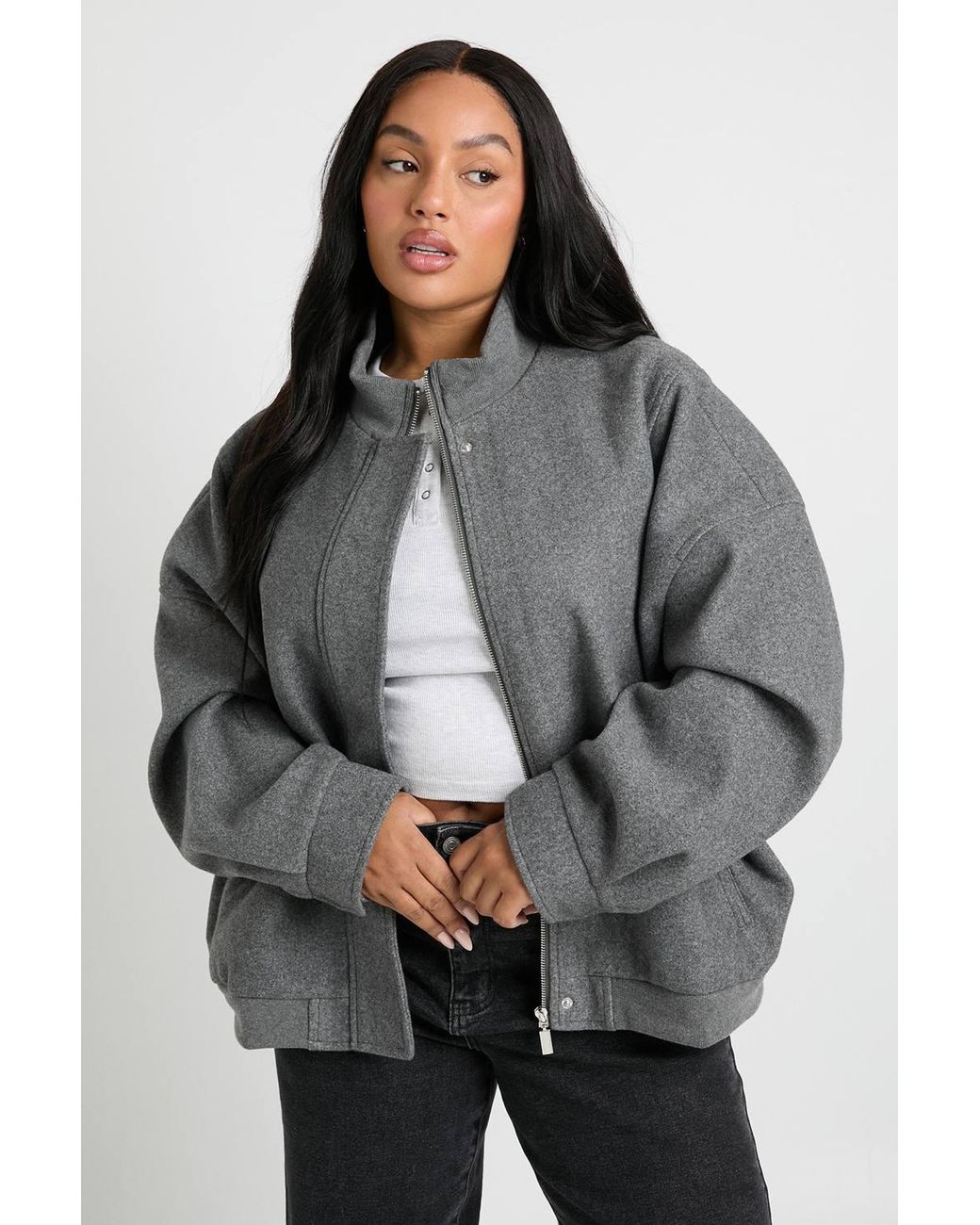 Boohoo Gray Plus Oversized Bomber Jacket