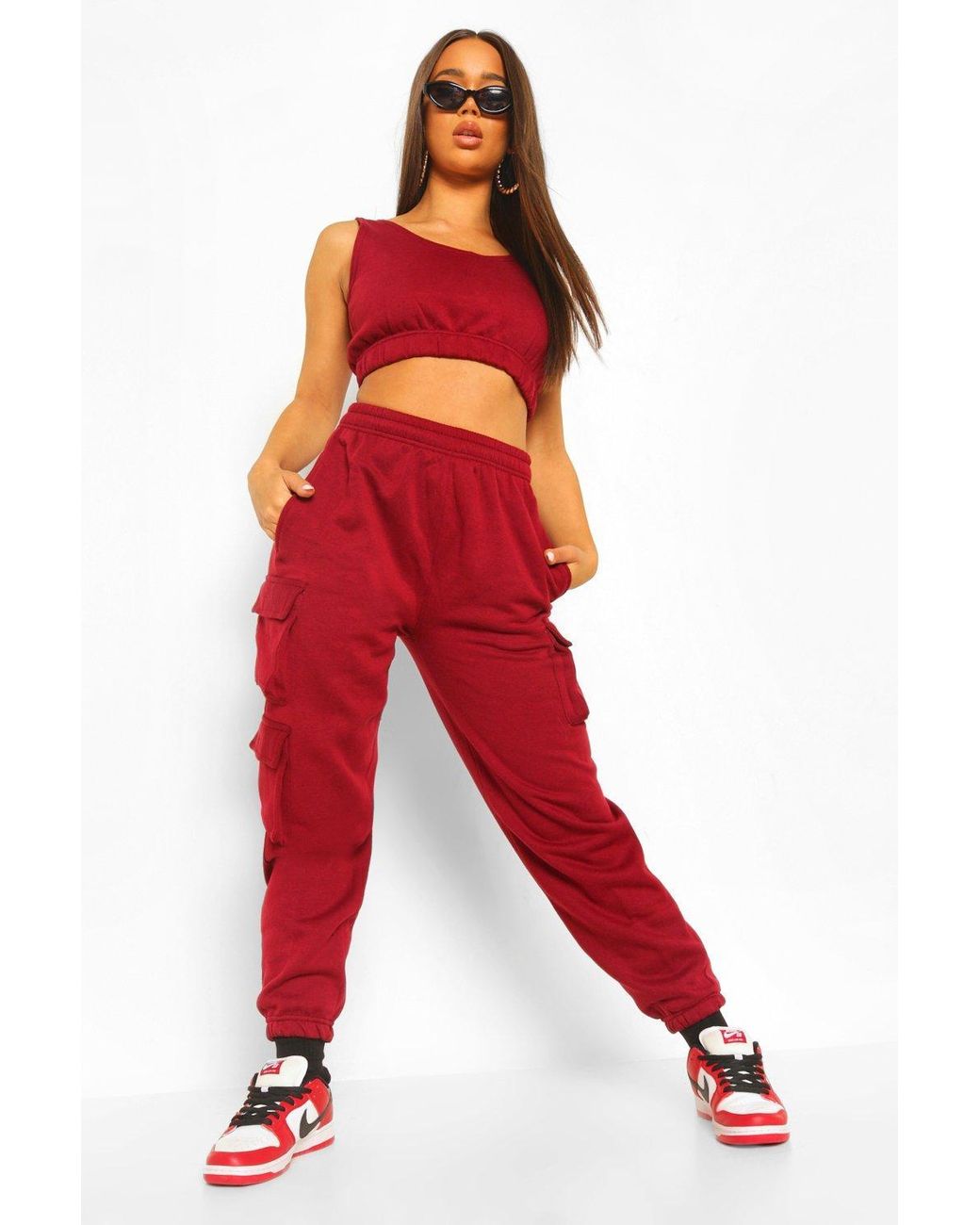 Boohoo Crop Top And Cargo Pant Joggers Set in Red | Lyst