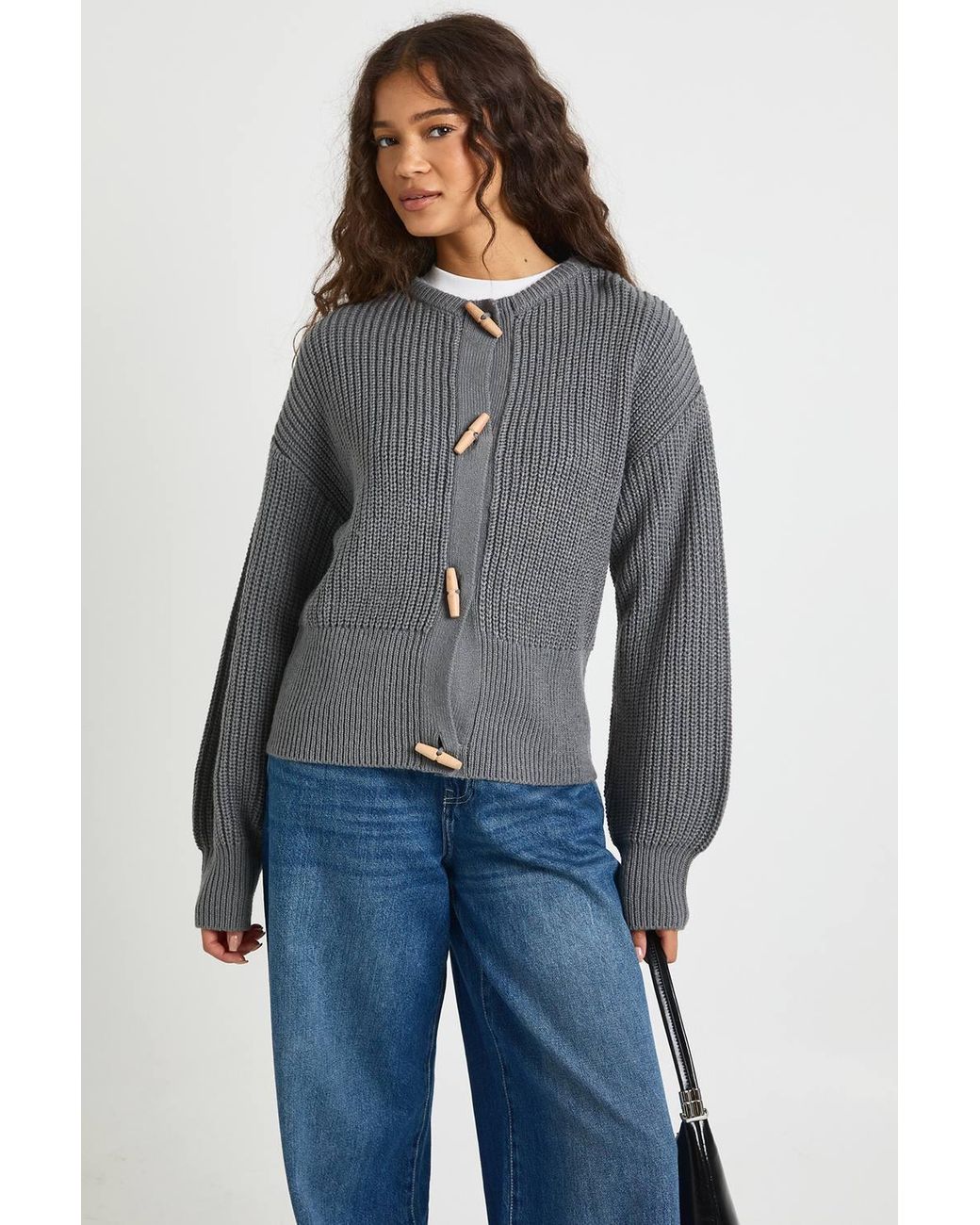 Boohoo Gray Toggle Button High Neck Knit Cardigan