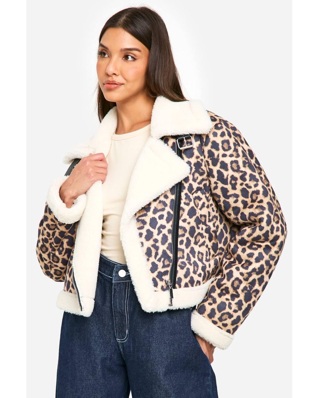 Boohoo Blue Print Cropped Aviator Jacket