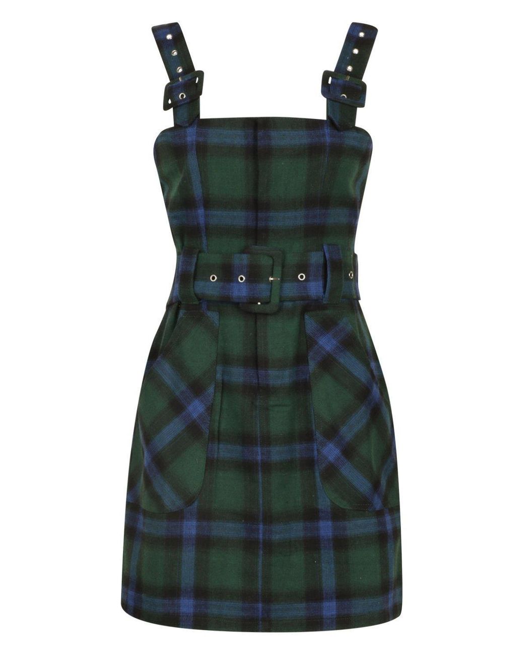 checked buckle detail pinafore dress