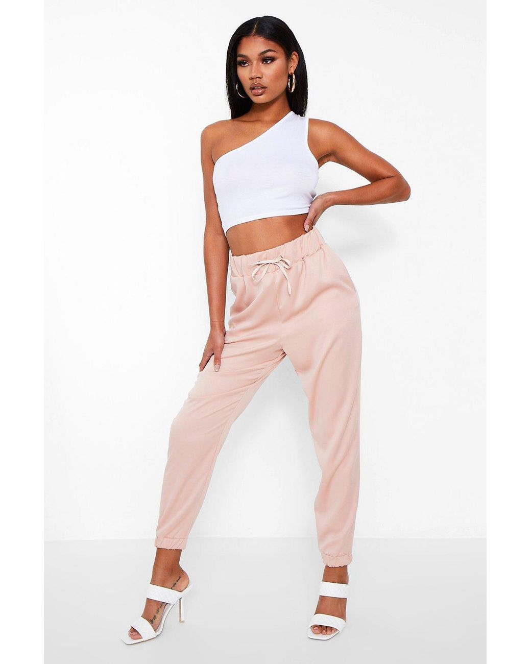 Boohoo Satin Cargo Jogger in Beige (Natural) - Lyst