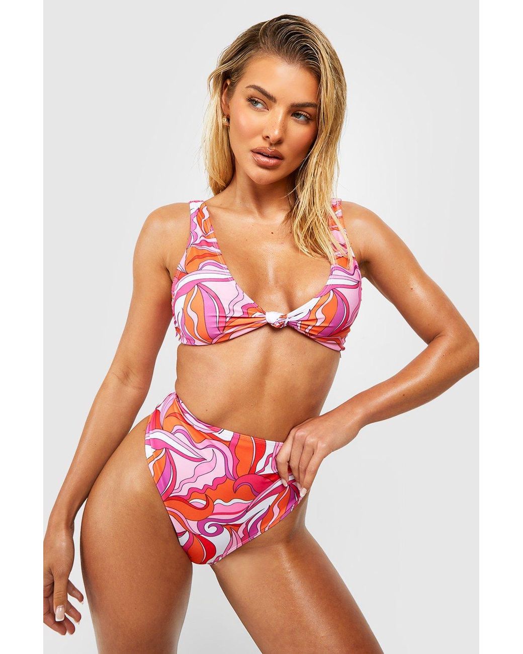 Boohoo Pink Abstract Knot Front High Leg Bikini Set in White | Lyst
