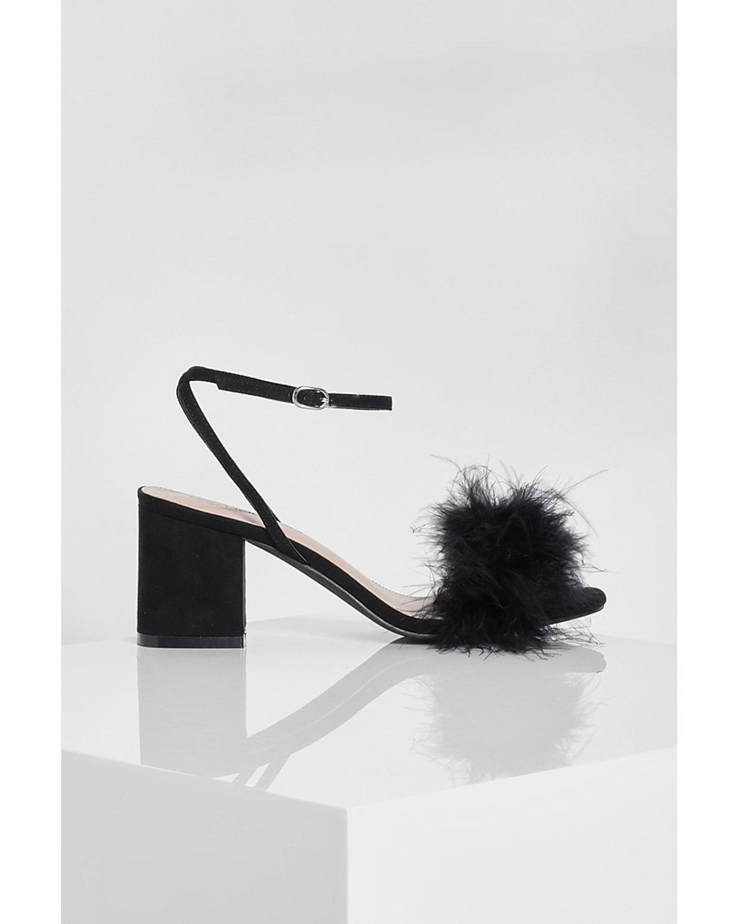 black feather block heels