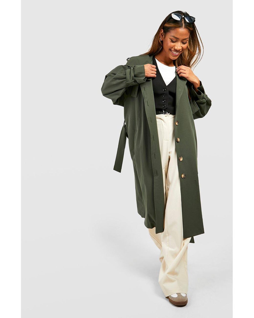 Boohoo Collar Detail Trench Coat in Green | Lyst