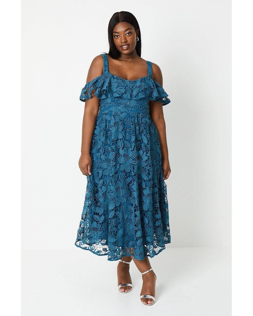 Coast Plus Bardot Frill Top Lace Midi Dress in Blue | Lyst