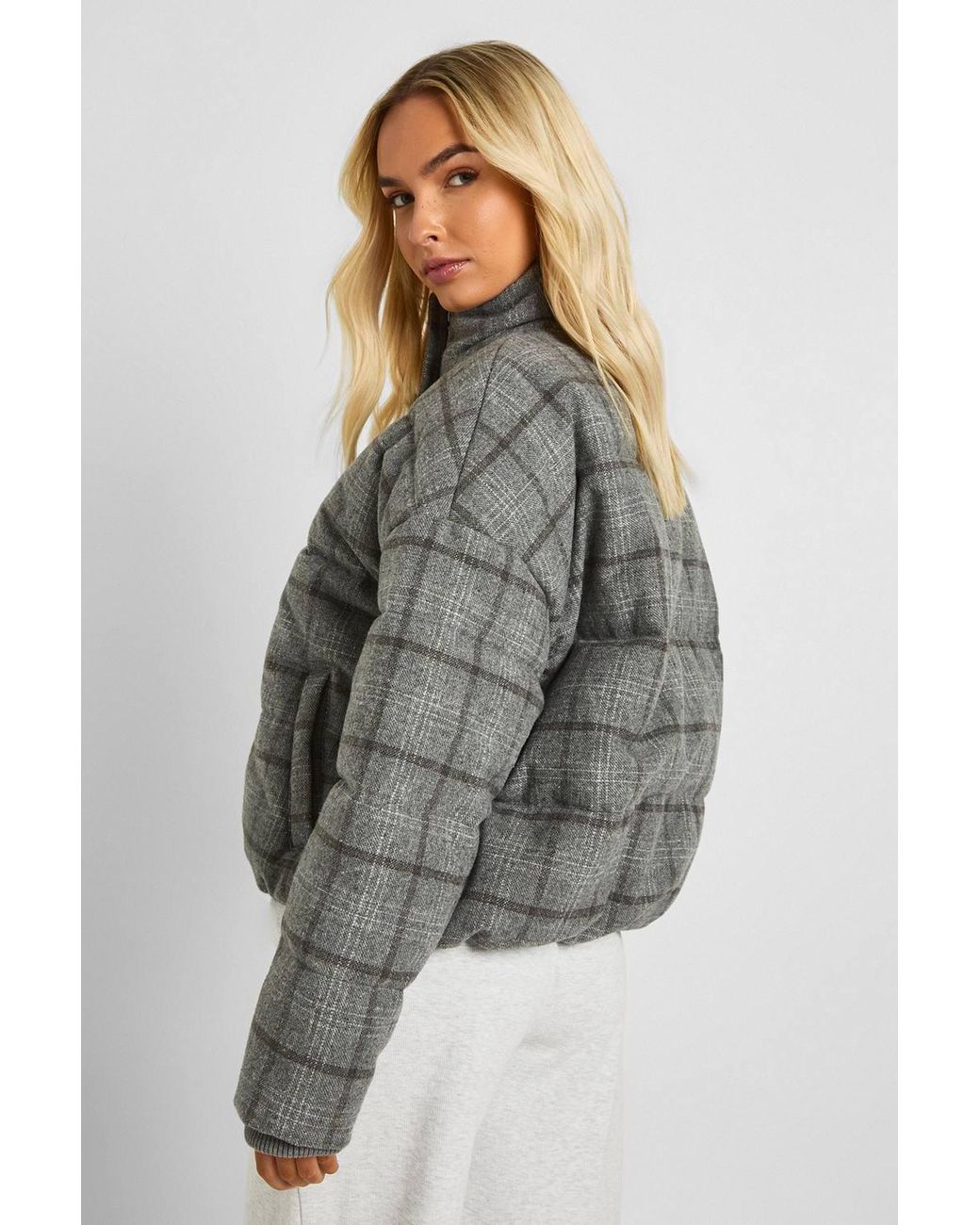 Boohoo Gray Check Puffer Jacket