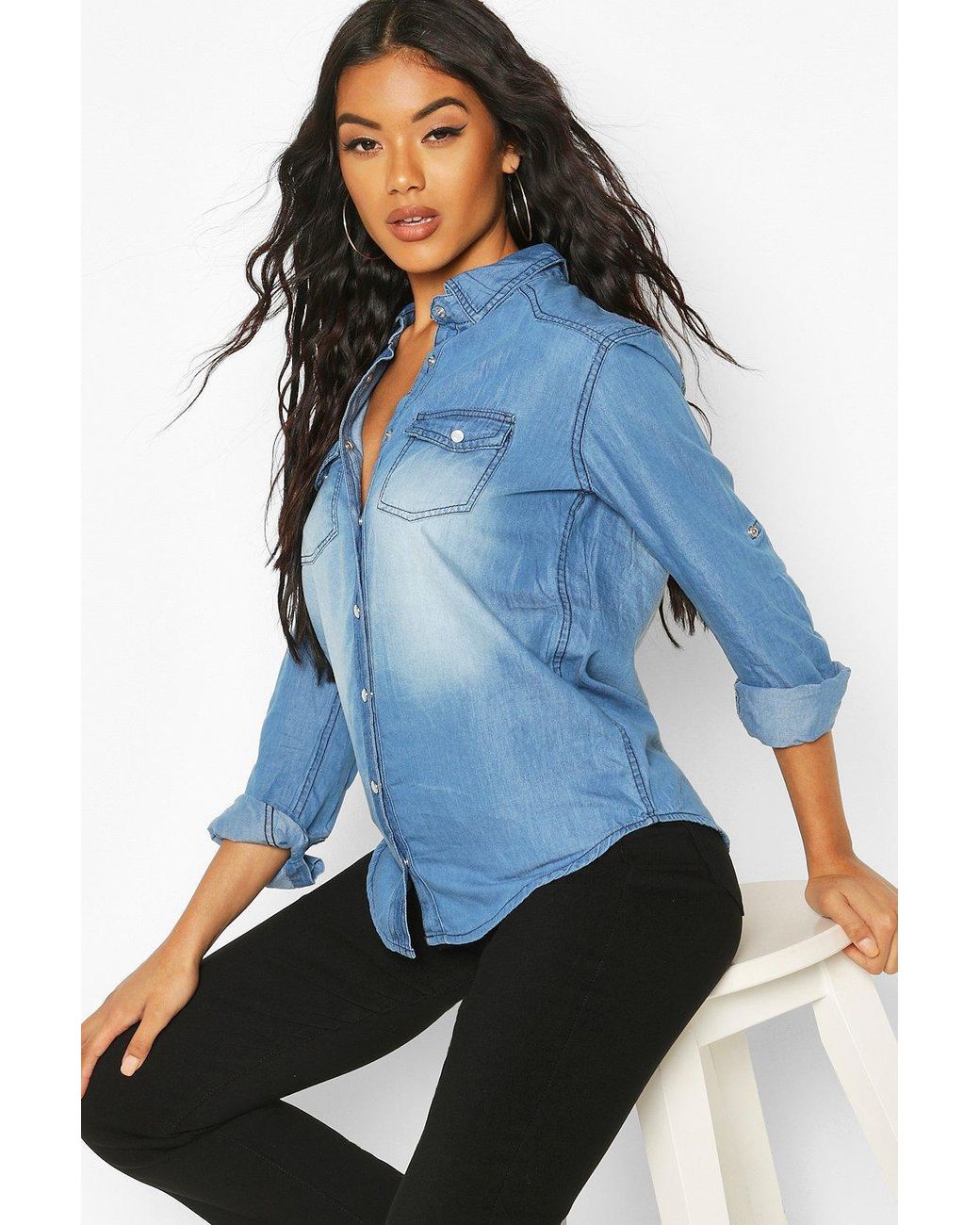 Boohoo Supersoft Denim Shirt in Indigo (Blue) Lyst