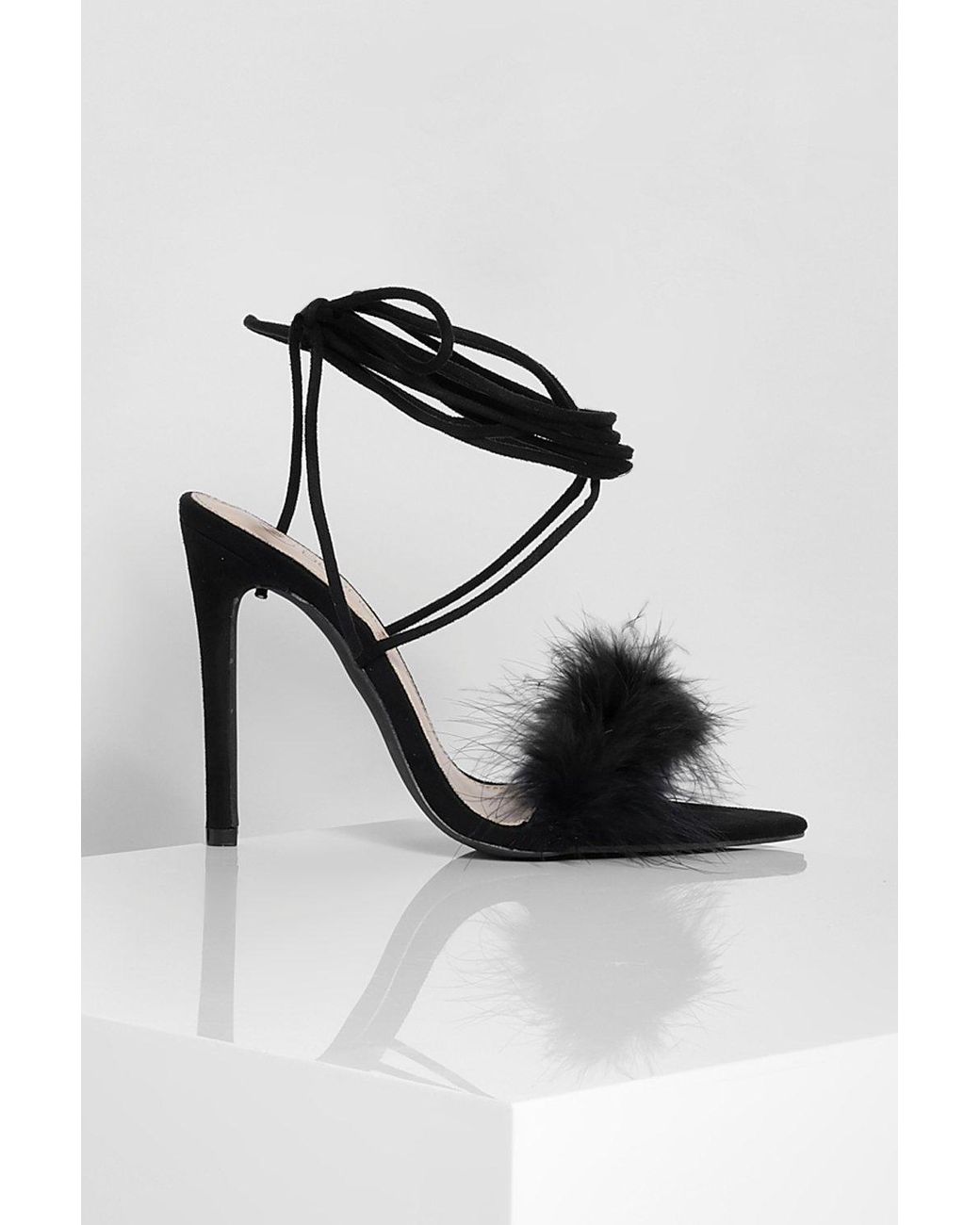 Boohoo Pointed Toe Feather Trim Lace Up Heels in Black | Lyst