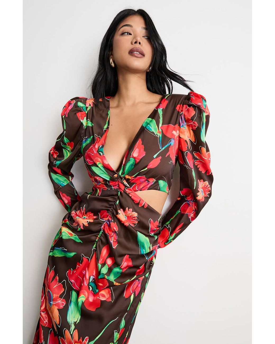 Warehouse Red Satin Cut Out Waist Plunge Neck Midi Dress