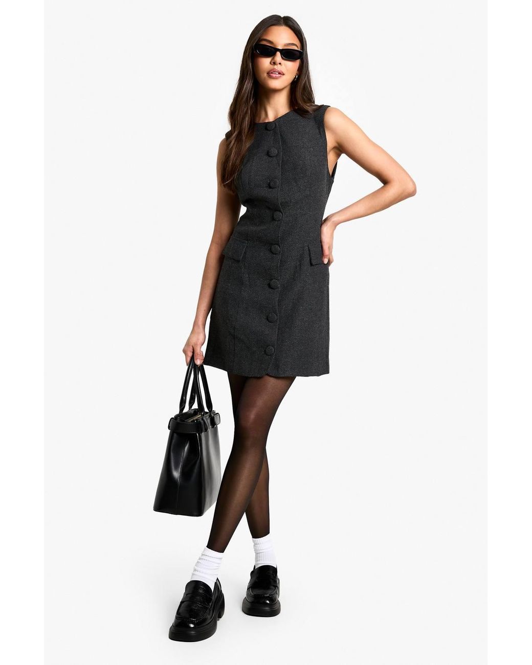 Boohoo Black Tweed Button Down Shift Dress