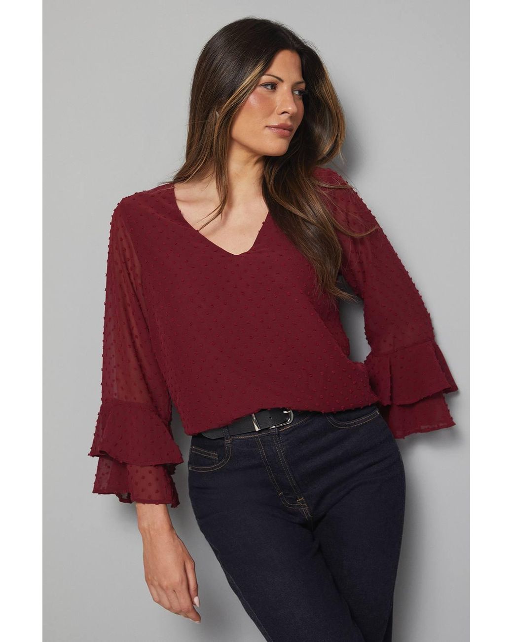 Wallis Red Dobby Flute Sleeve Top