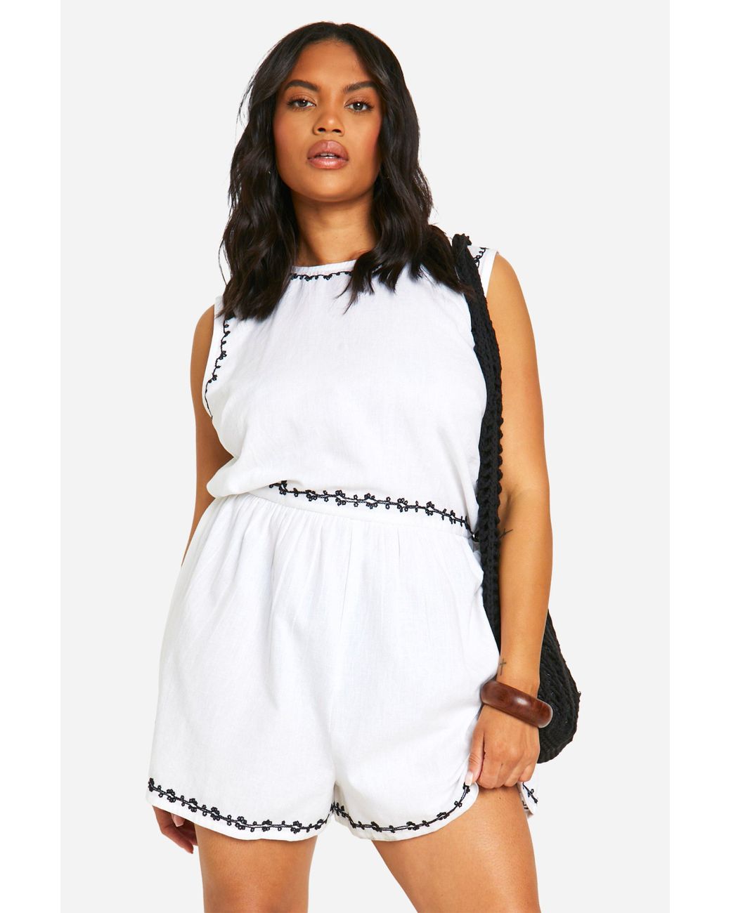 Boohoo Plus Embroidered Linen Look Romper in White Lyst