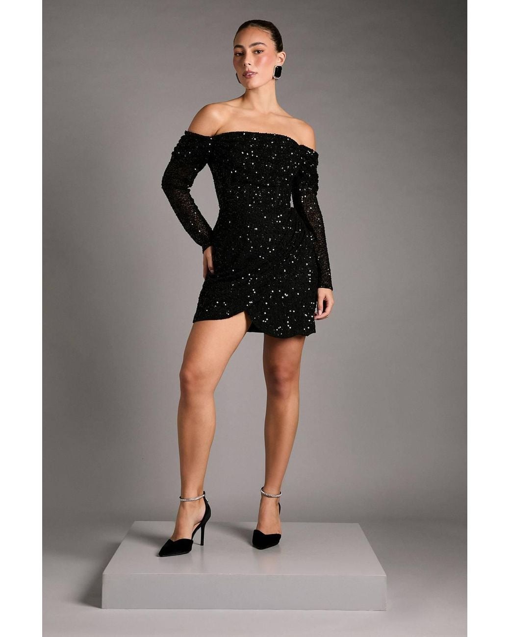 knee length dresses for ladies Black Bardot Sculpted Dress with Long Sleeves – The Shopaholic