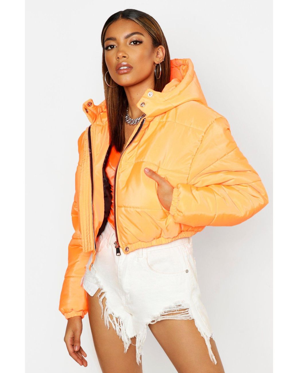 Boohoo Crop Hooded Puffer Jacket in Neon-Orange (Orange) | Lyst