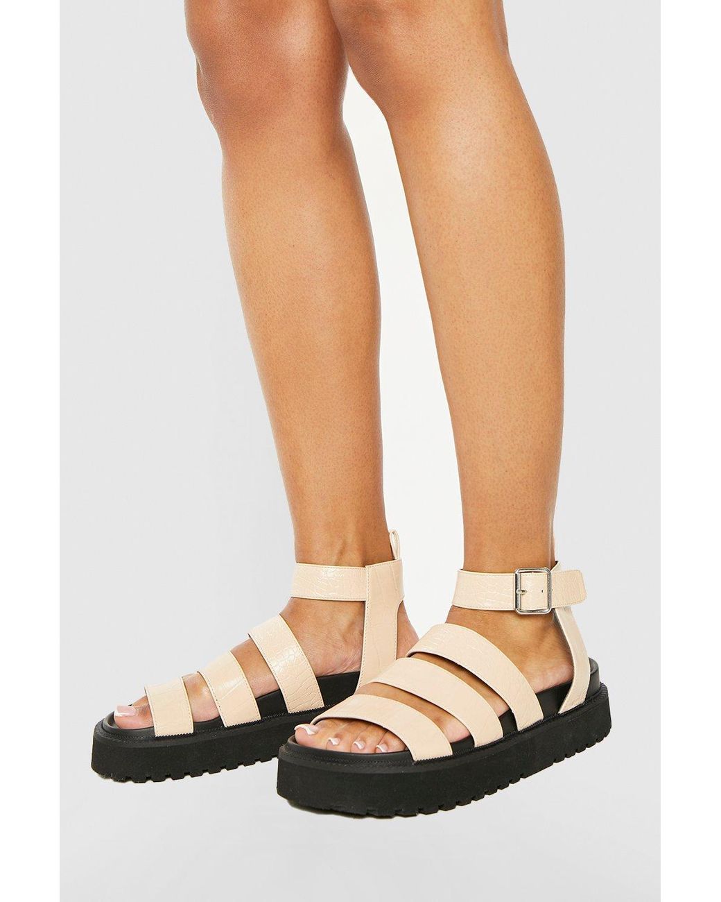 Boohoo Triple Strap Croc Chunky Footbed Sandals in Natural | Lyst