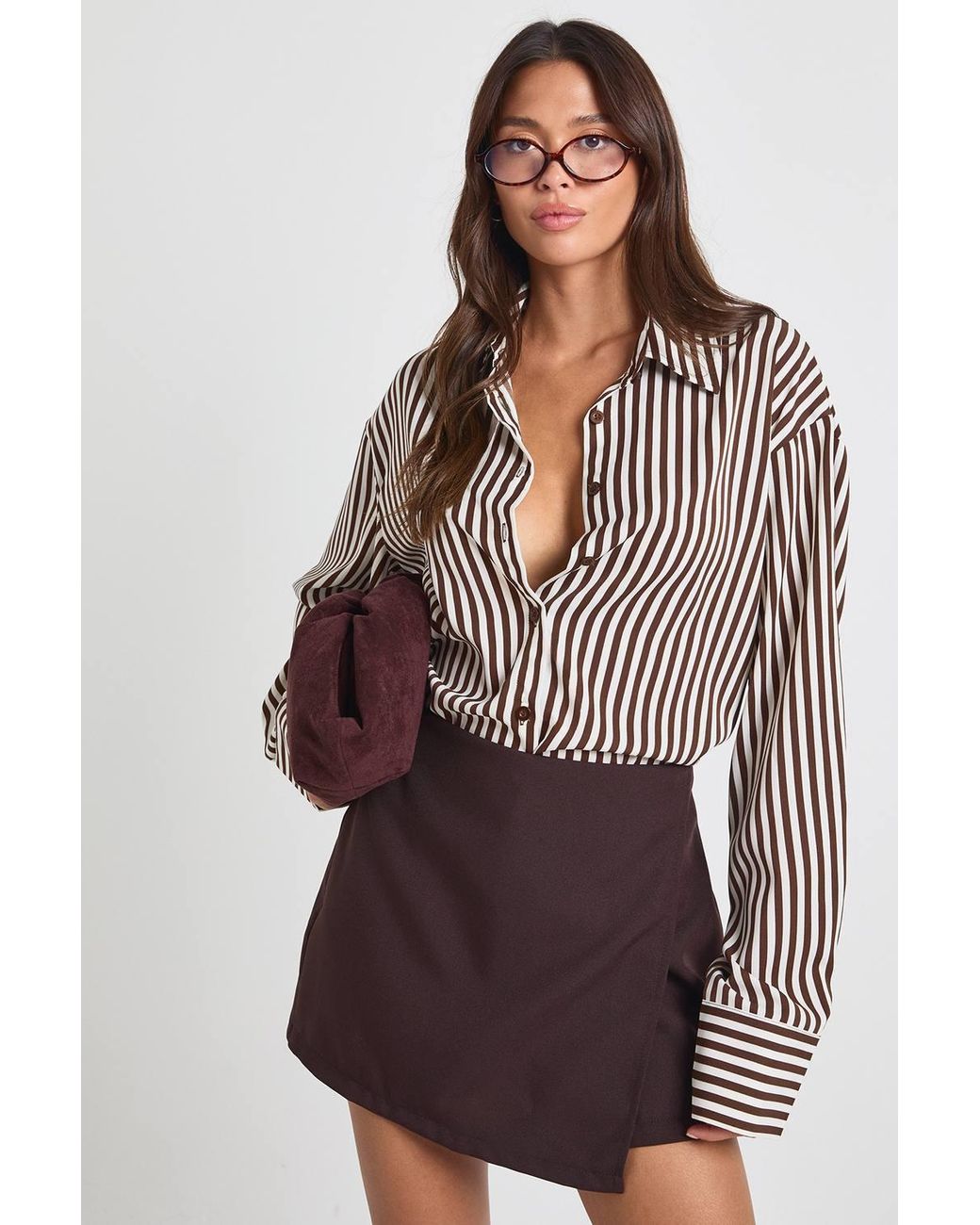 Boohoo Brown Tailored Wrap Front Mini Skort