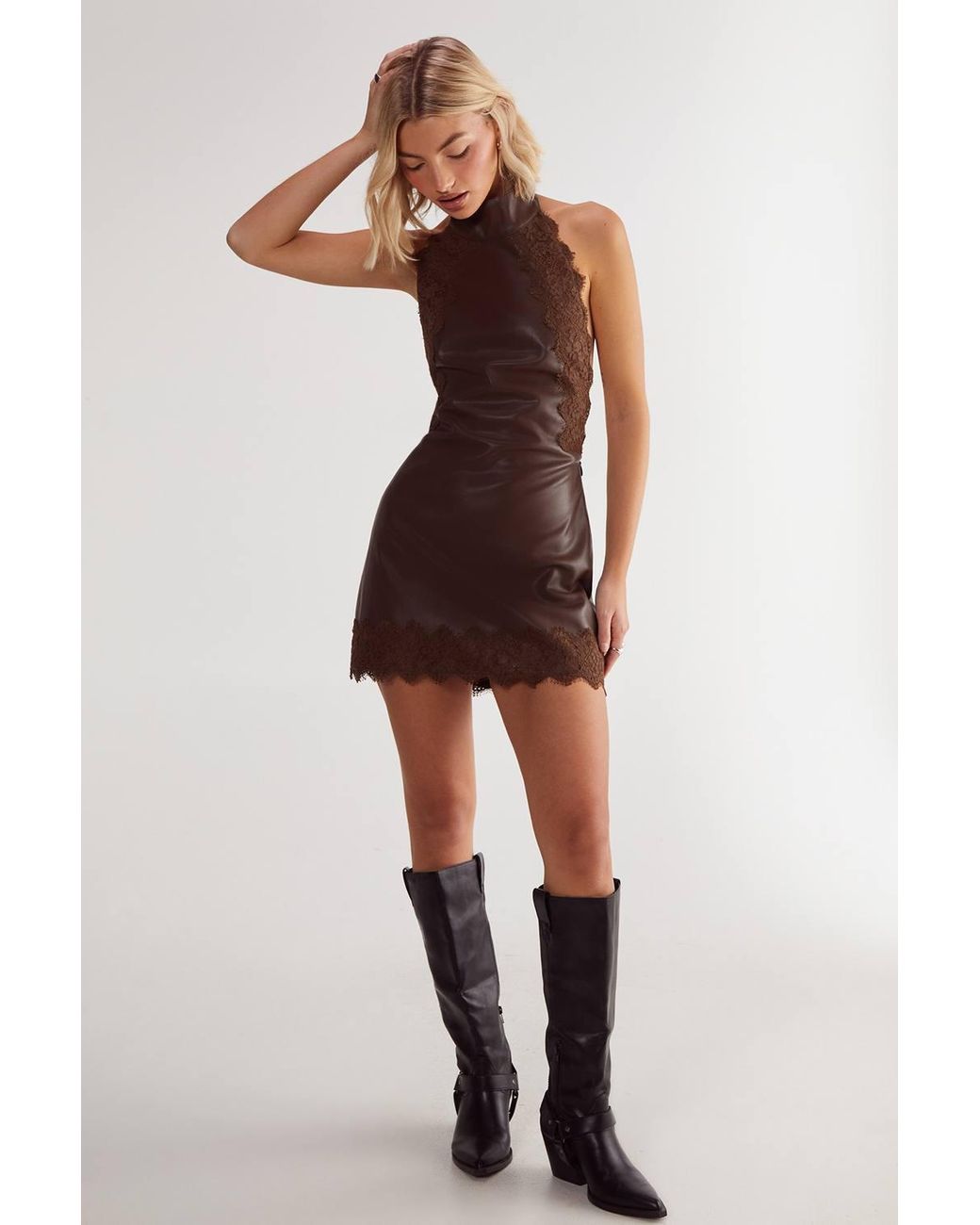 nasty gal brown dress Eyelash Lace Trim Faux Leather Halter in sweeping maxi length for