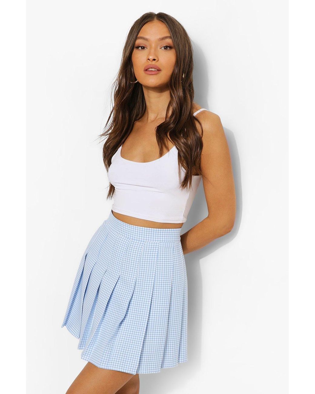 Boohoo Gingham Woven Pleated Super Mini Tennis Skirt in Blue - Lyst