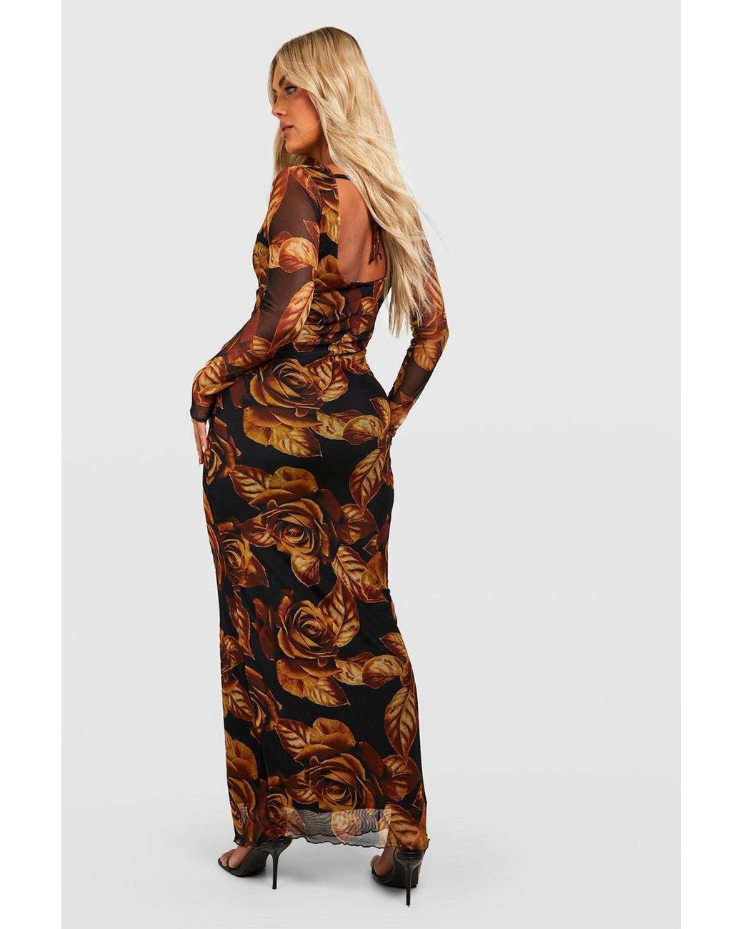 Boohoo Plus Floral Mesh Low Back Maxi Dress in Black | Lyst