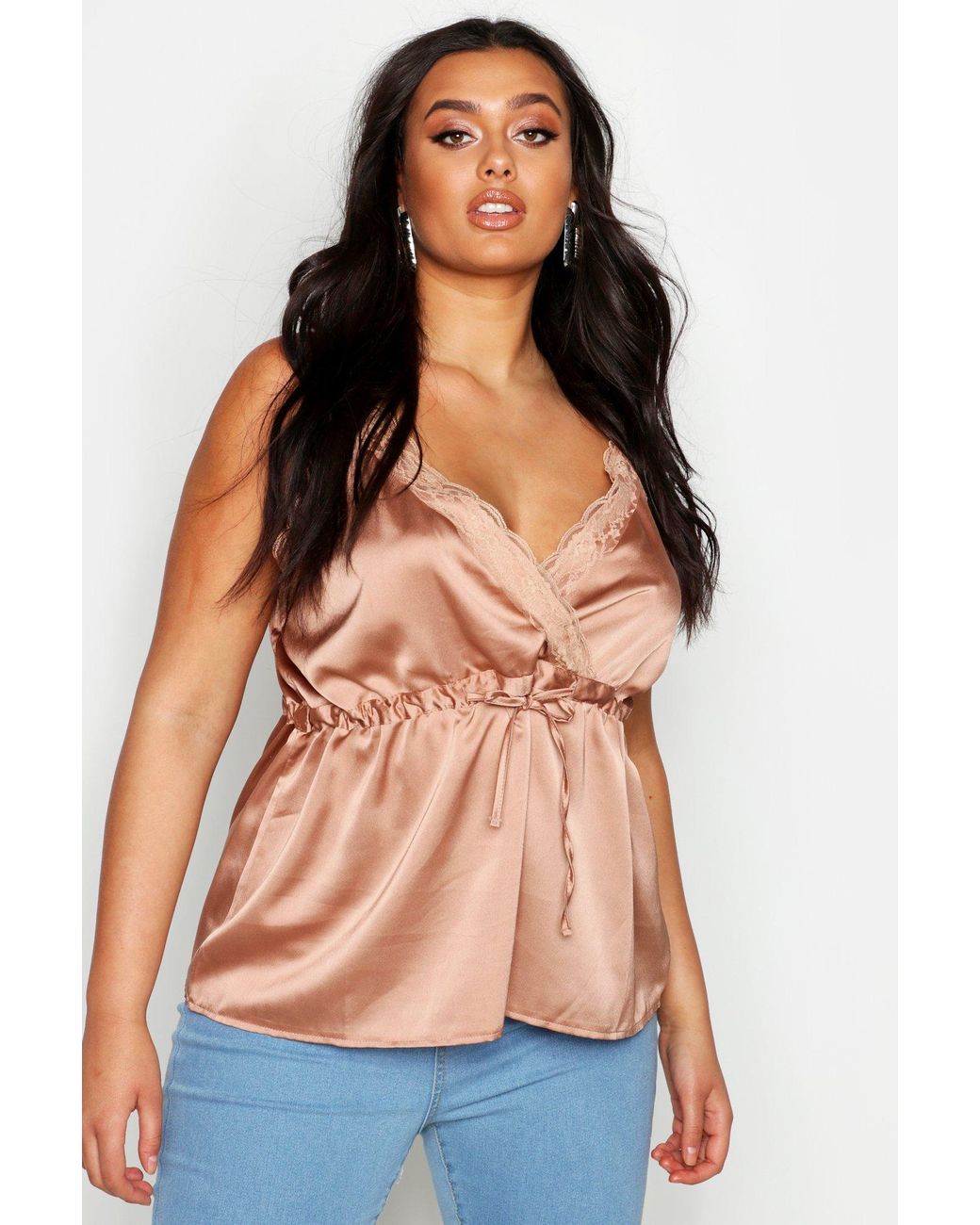 Boohoo Plus Lace Trim Drawstring Satin Cami in Beige (Natural) - Lyst