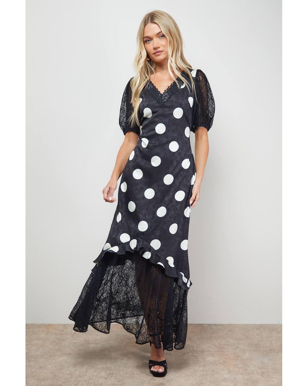 Oasis Polkadot Lace Frill Detail Puff Sleeve Midi Dress in White | Lyst