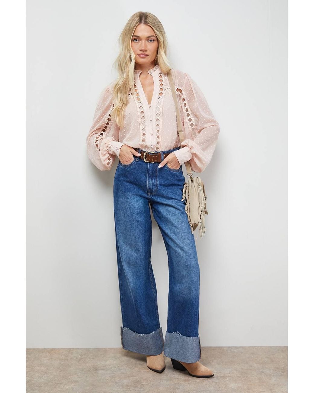 Oasis Pink Dobby Chiffon Trim Detail Button Down Blouse