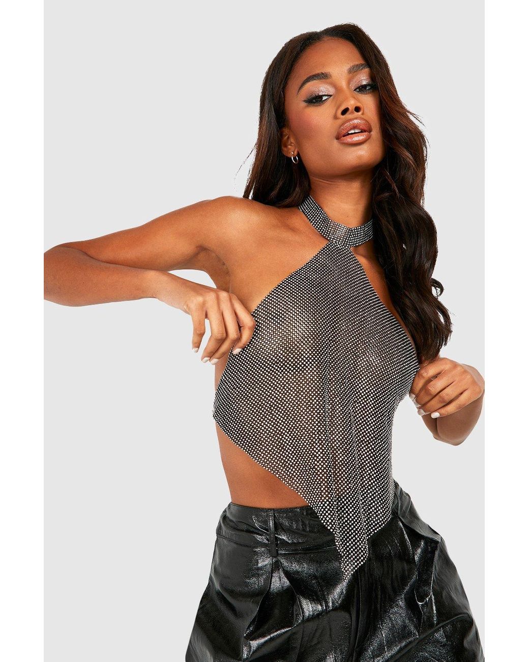 Boohoo Choker Detail Chainmail V Front Top in Black | Lyst