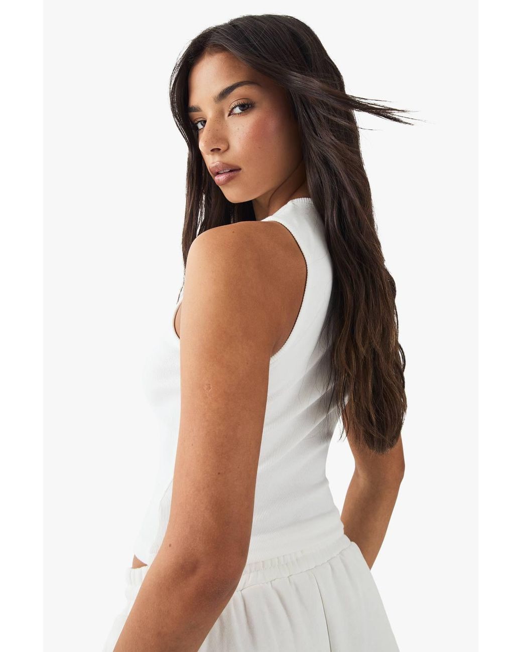 DSGN Studio White Square Script Embroidered Rib Fitted Button Through Sleeveless Top