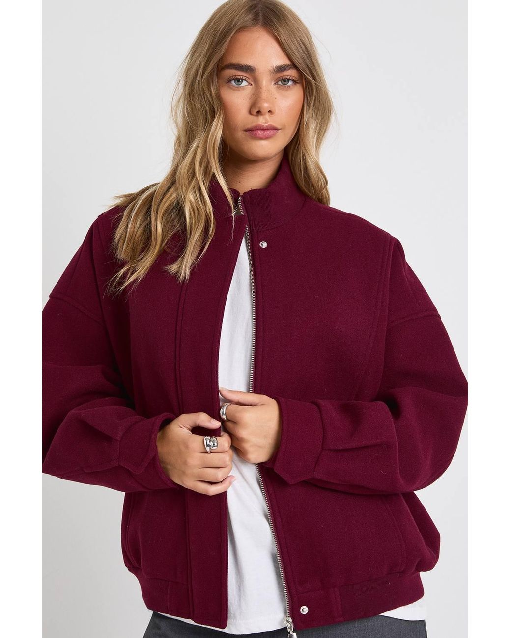 Boohoo Red Wool Look Bomber Jacket