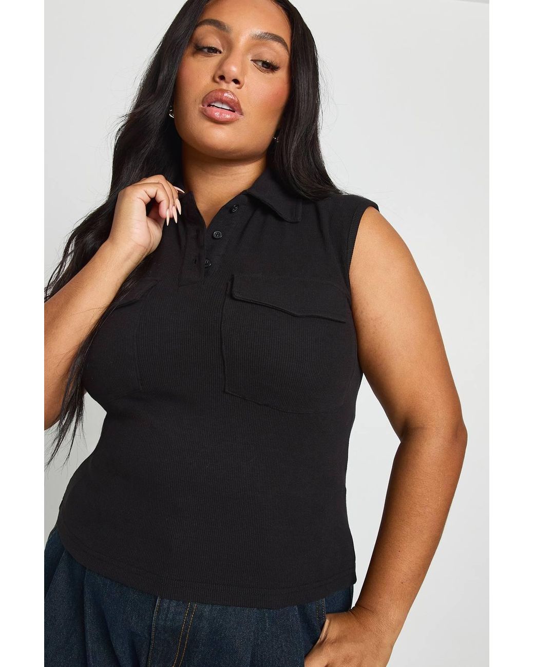 Boohoo Black Plus Collared Utility Rib Top