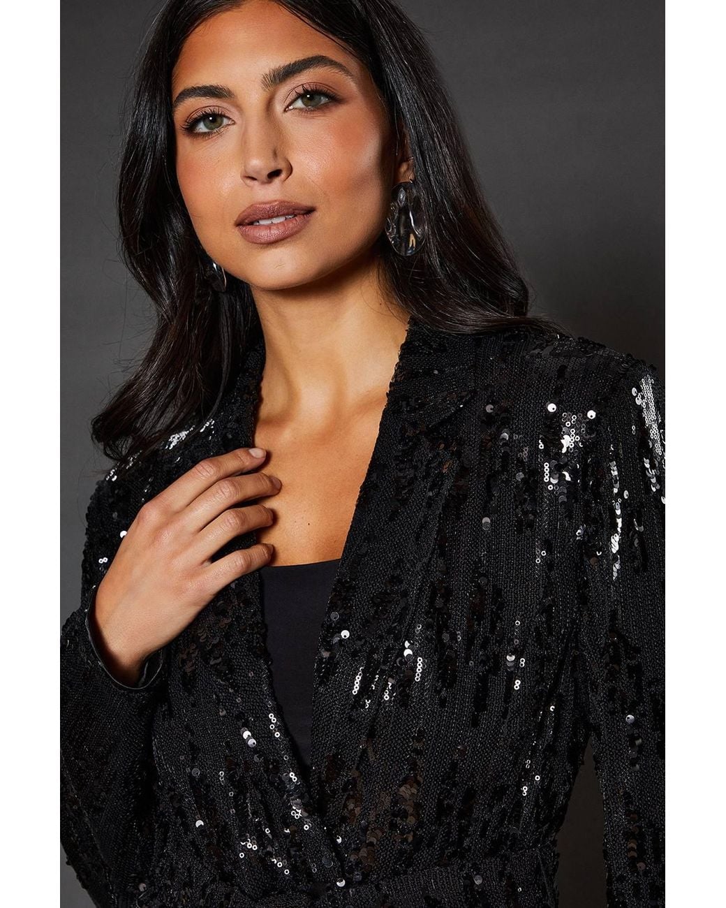 Wallis Gray Tie Belted Sequin Blazer